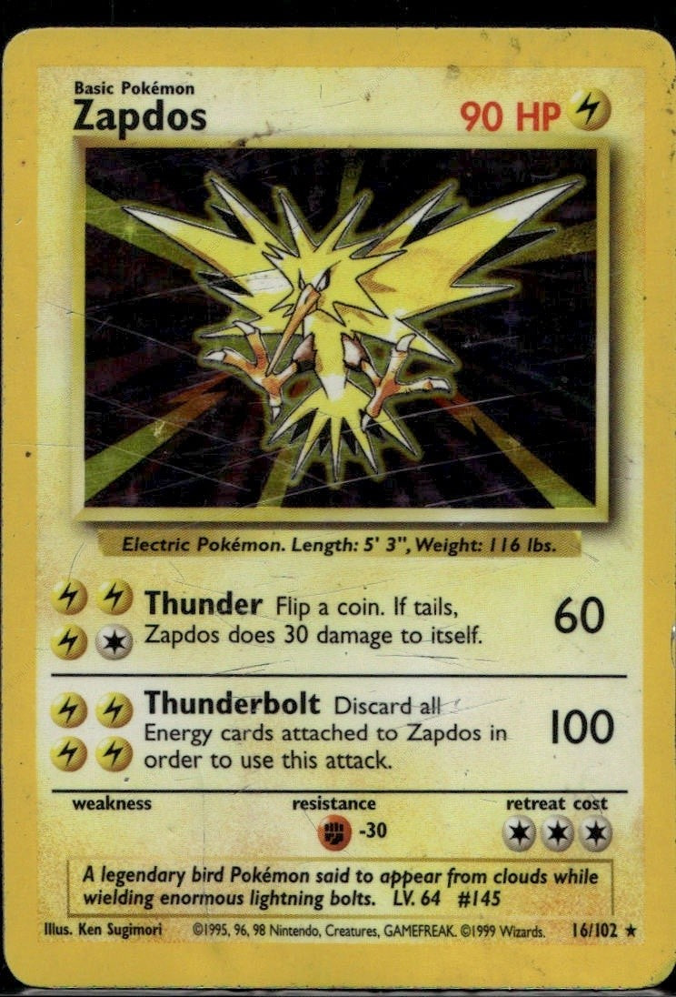 Zapdos Unlimited Holofoil Holo Rare Base Set (Shadowless) 016/102 DMG