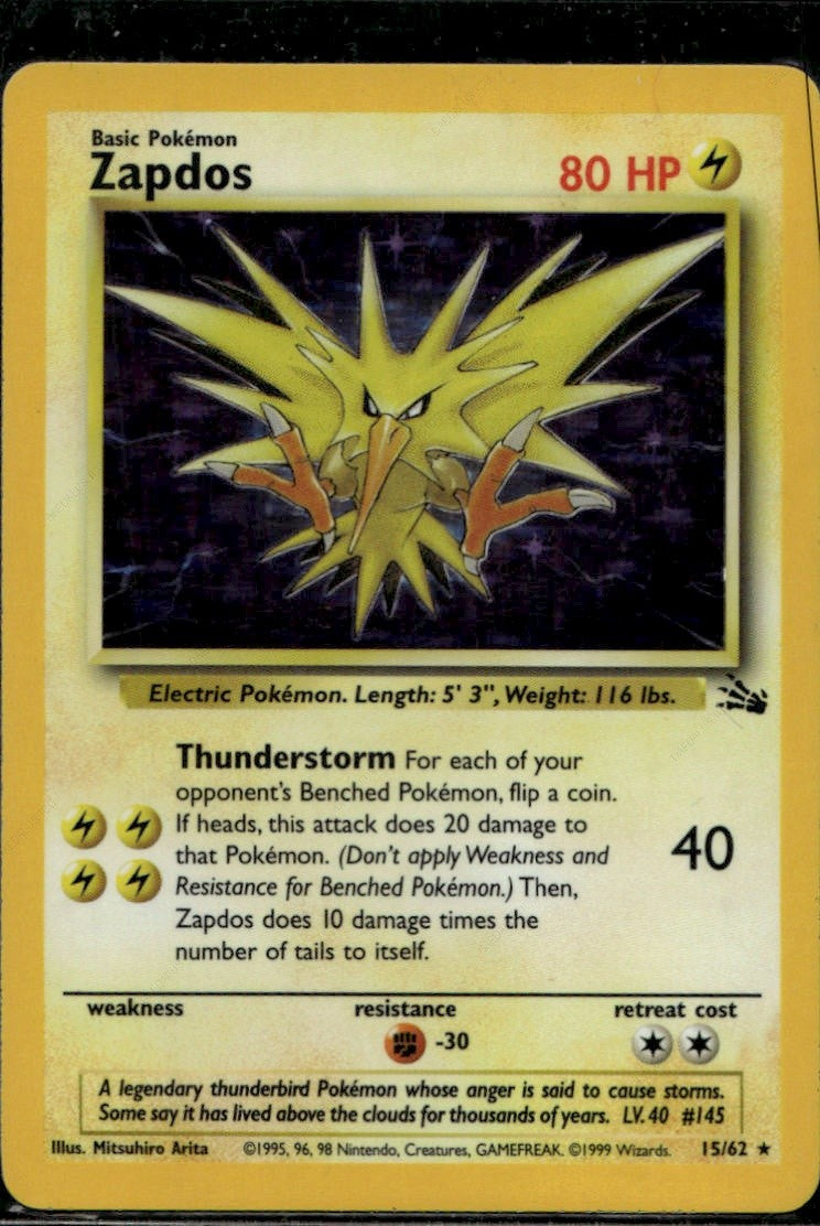 Zapdos (15) Unlimited Holofoil Holo Rare Fossil 15/62 HP
